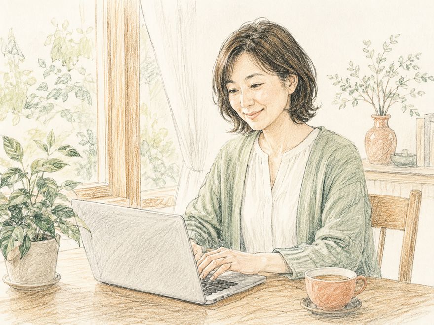自宅でノートパソコンに向かう女性のイラスト